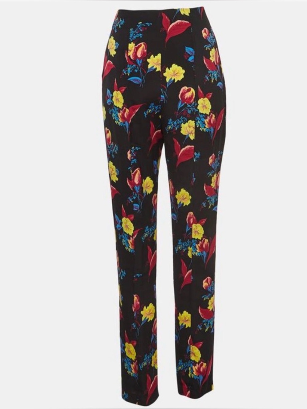 Diane Von Furstenberg Black Pants with Yellow, Magenta & Blue Floral Print